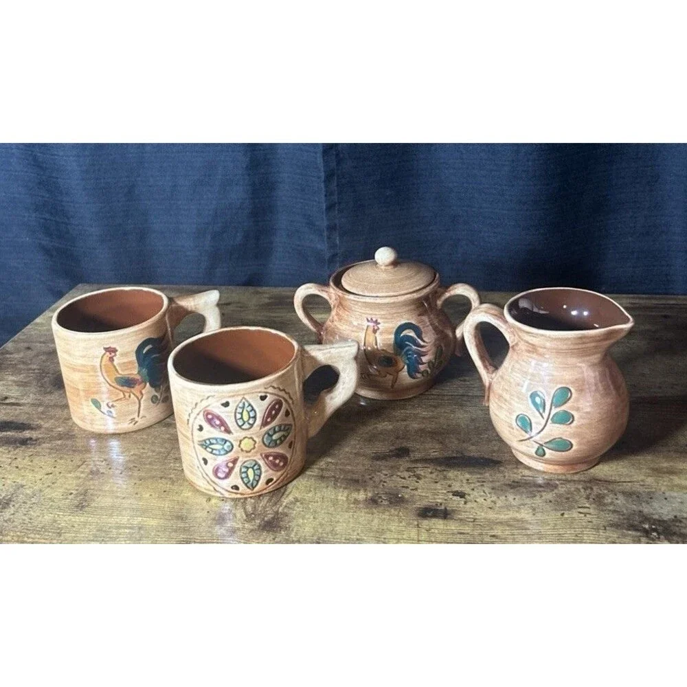 Pennsbury Pottery Rooster Cups Creamer Sugar Bowl Country Farmhouse Vintage Set